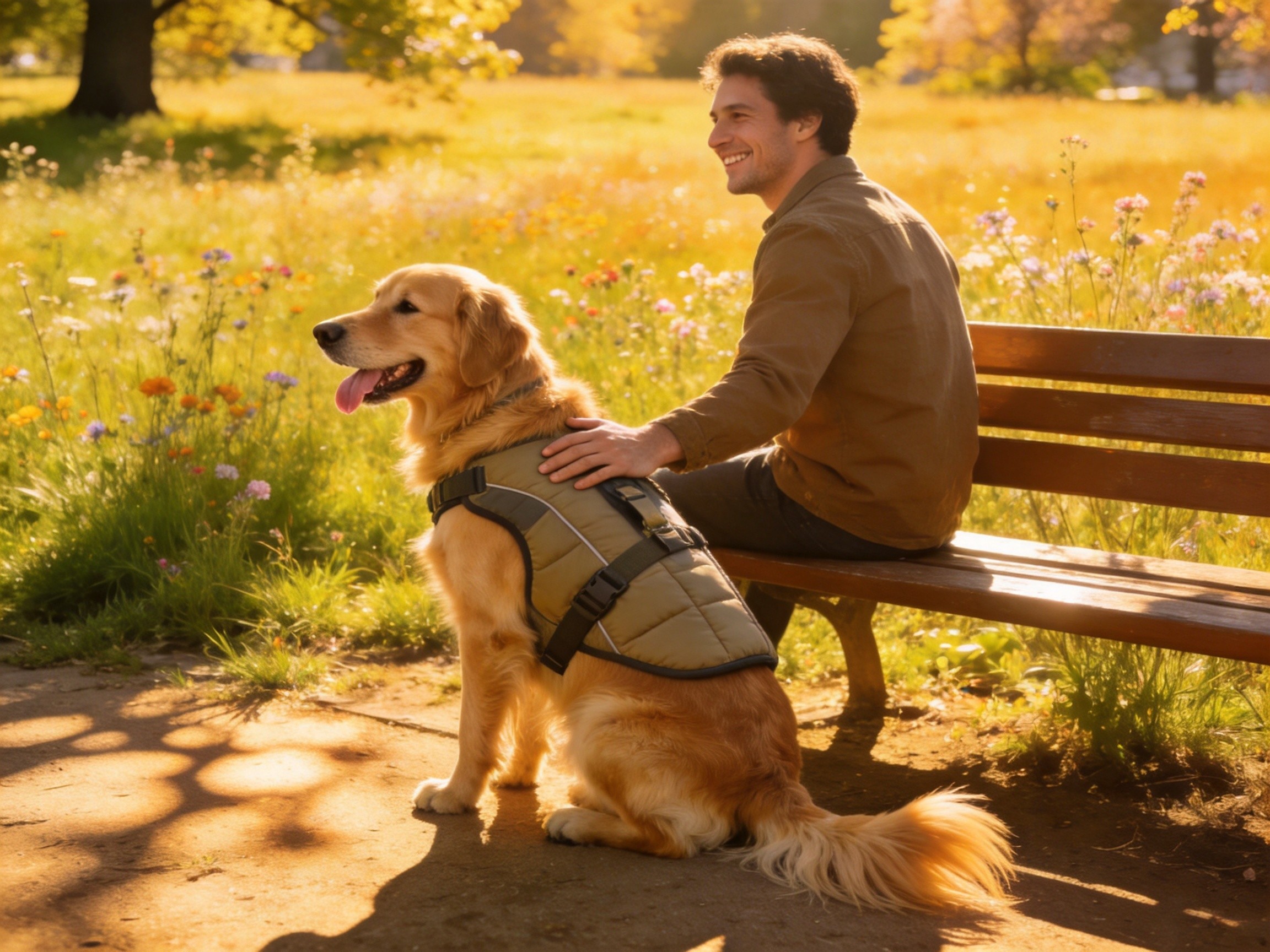 Happy dog with harness sitting with owner