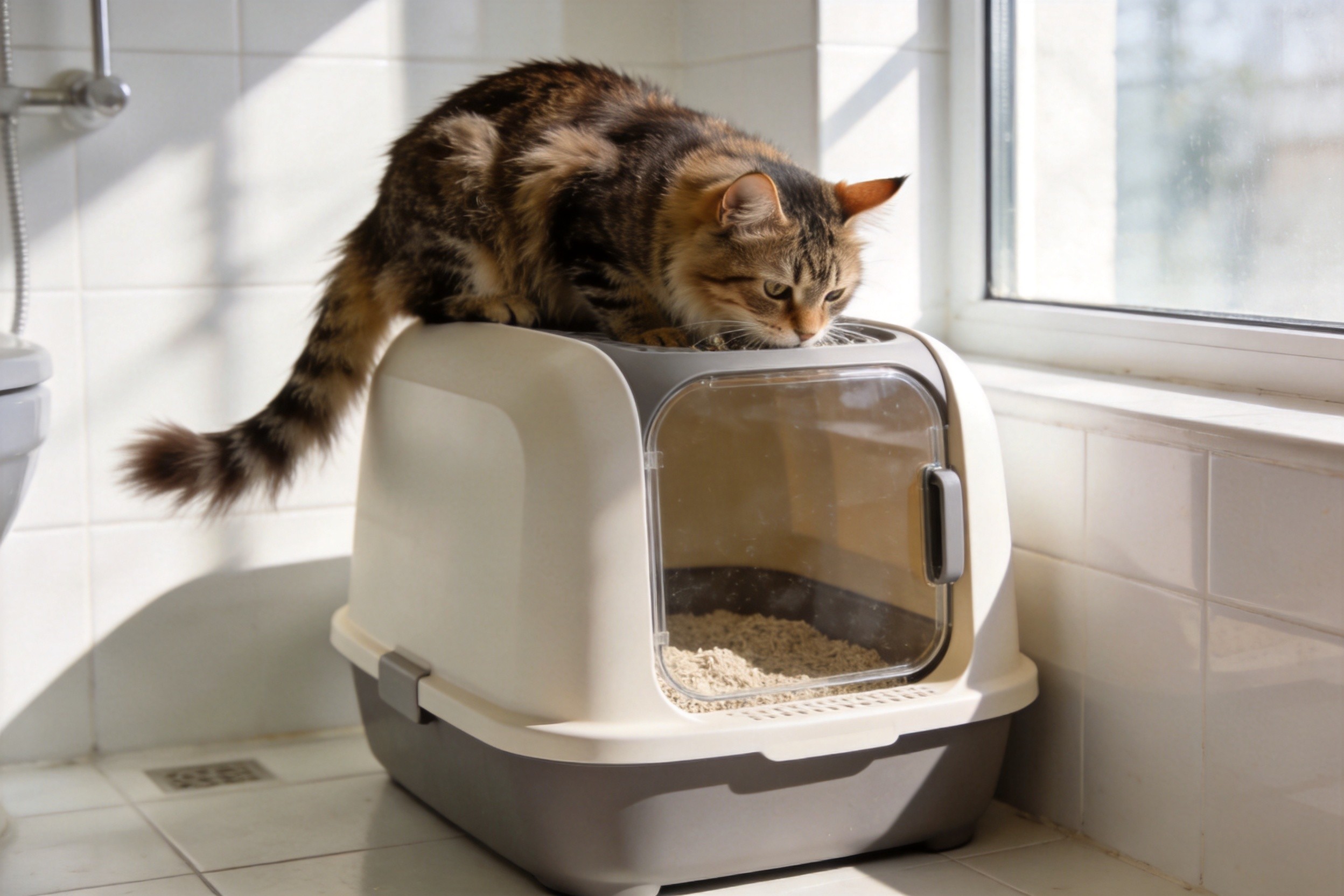 Cat using modern litter box
