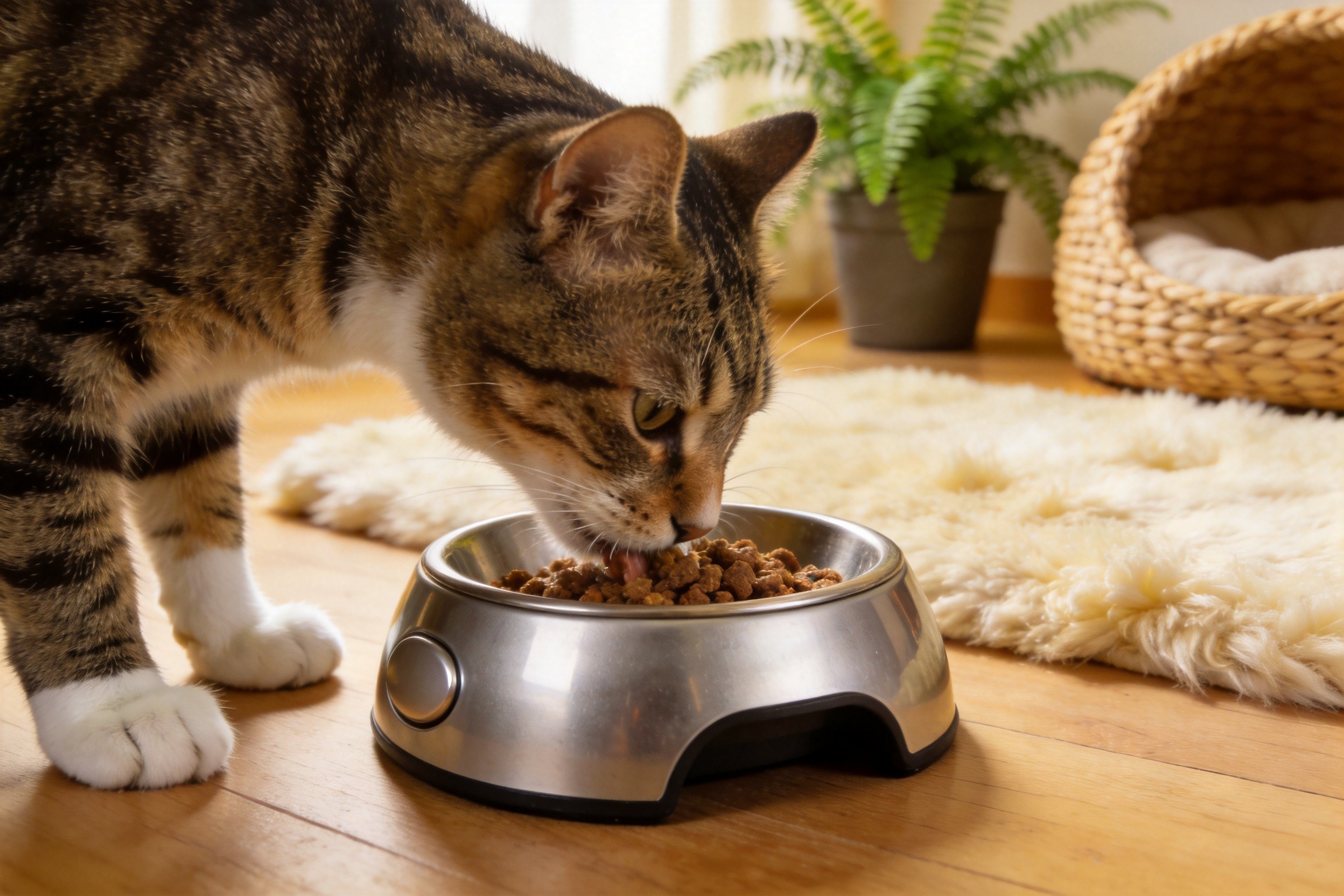 Cat eating from automatic feeder at home
