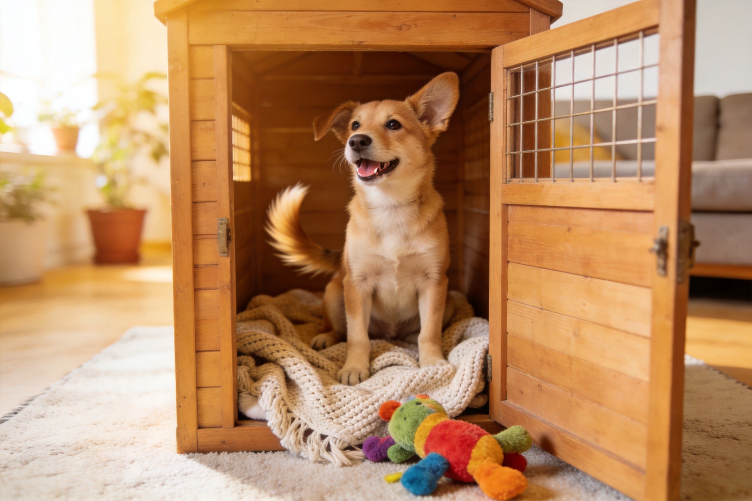 Happy Puppy in Open Crate