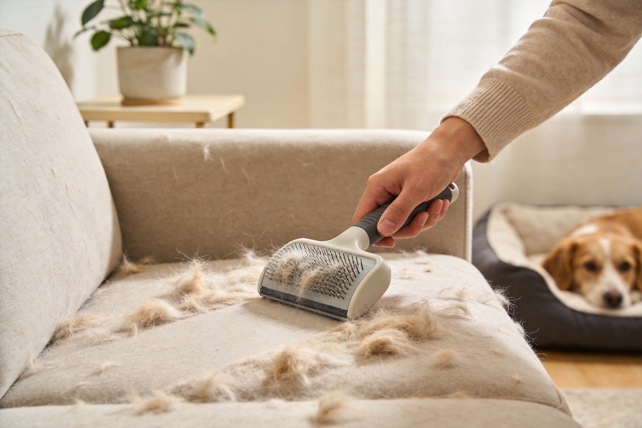 Person removing pet hair from couch