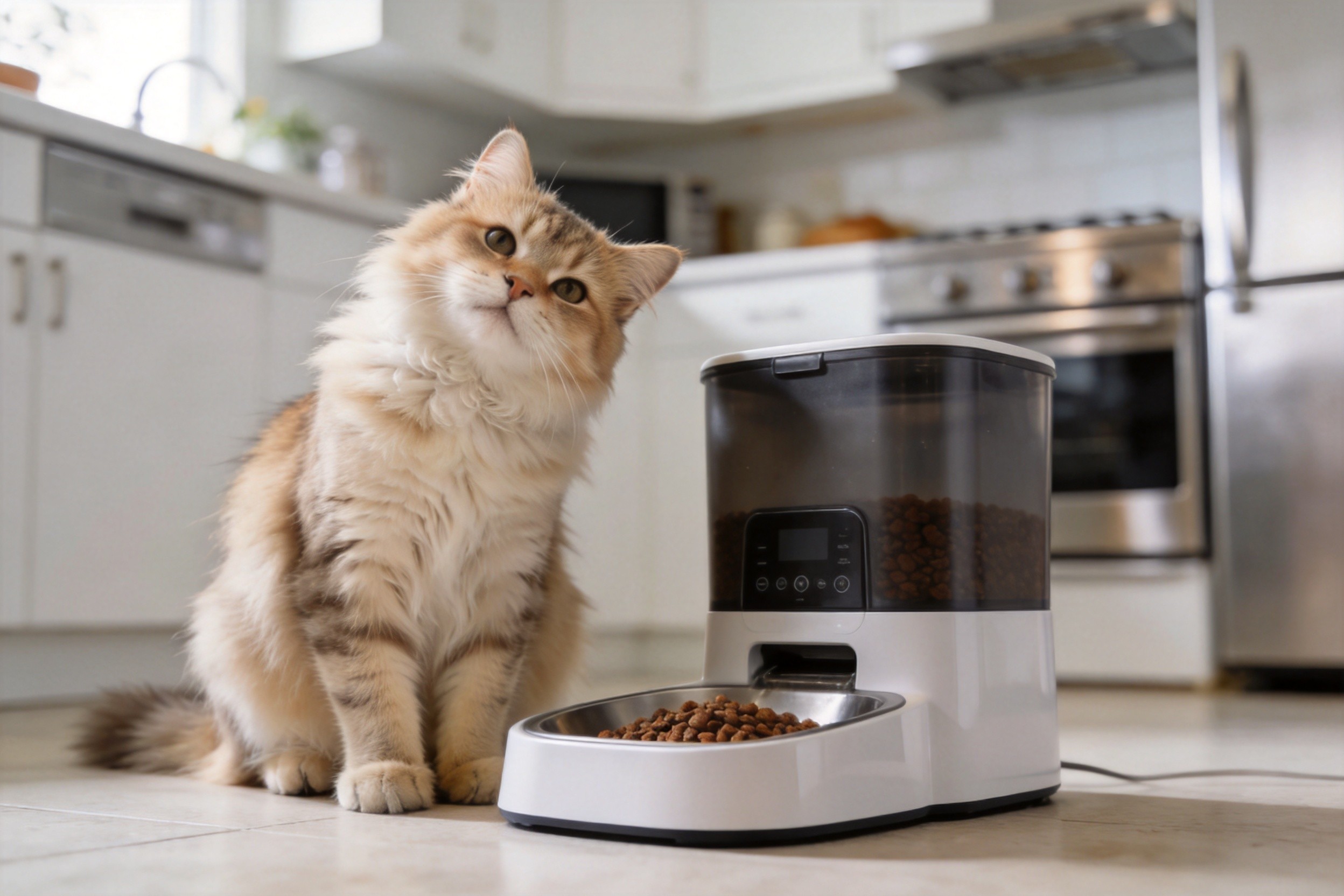Cat next to automatic feeder in kitchen