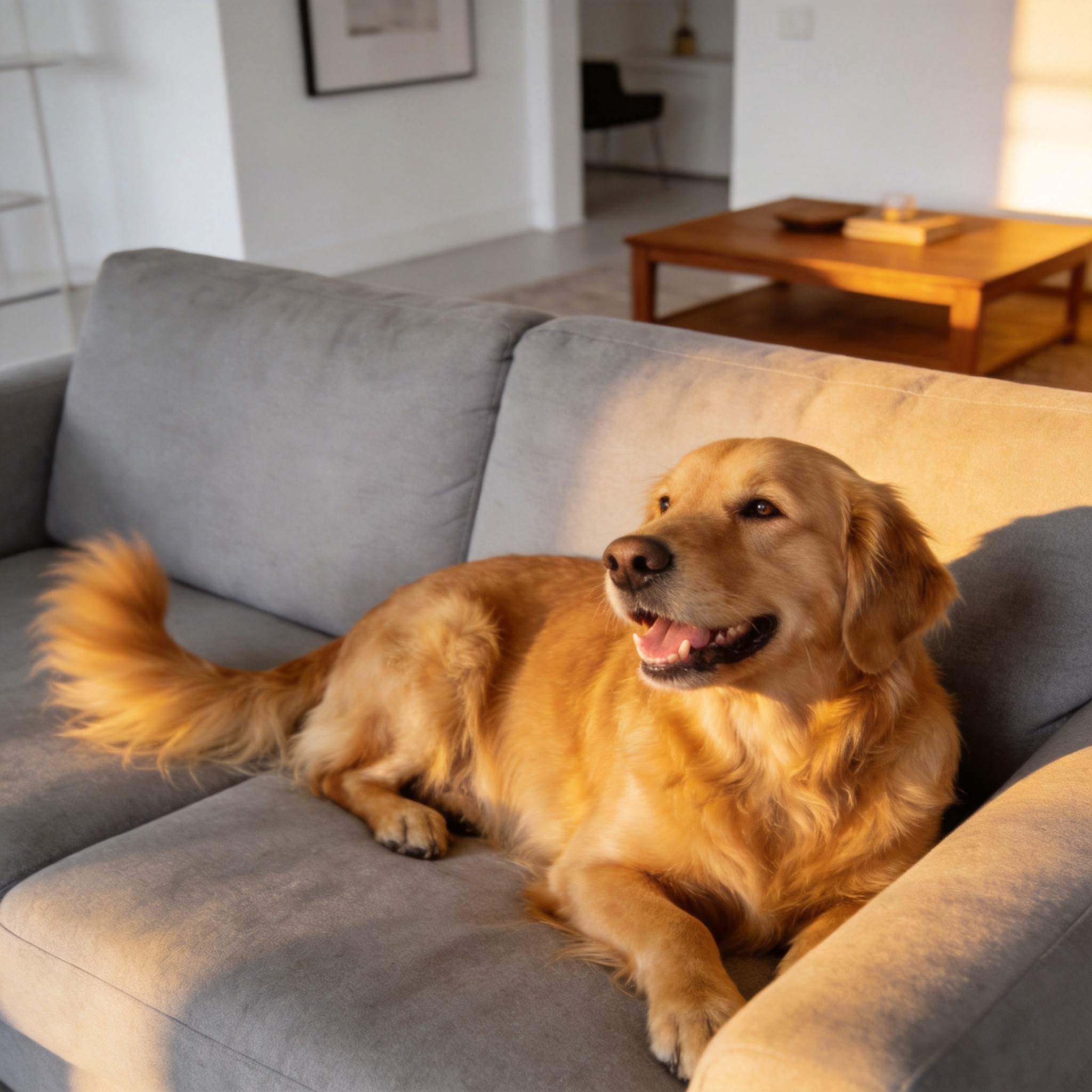 Happy dog on clean couch