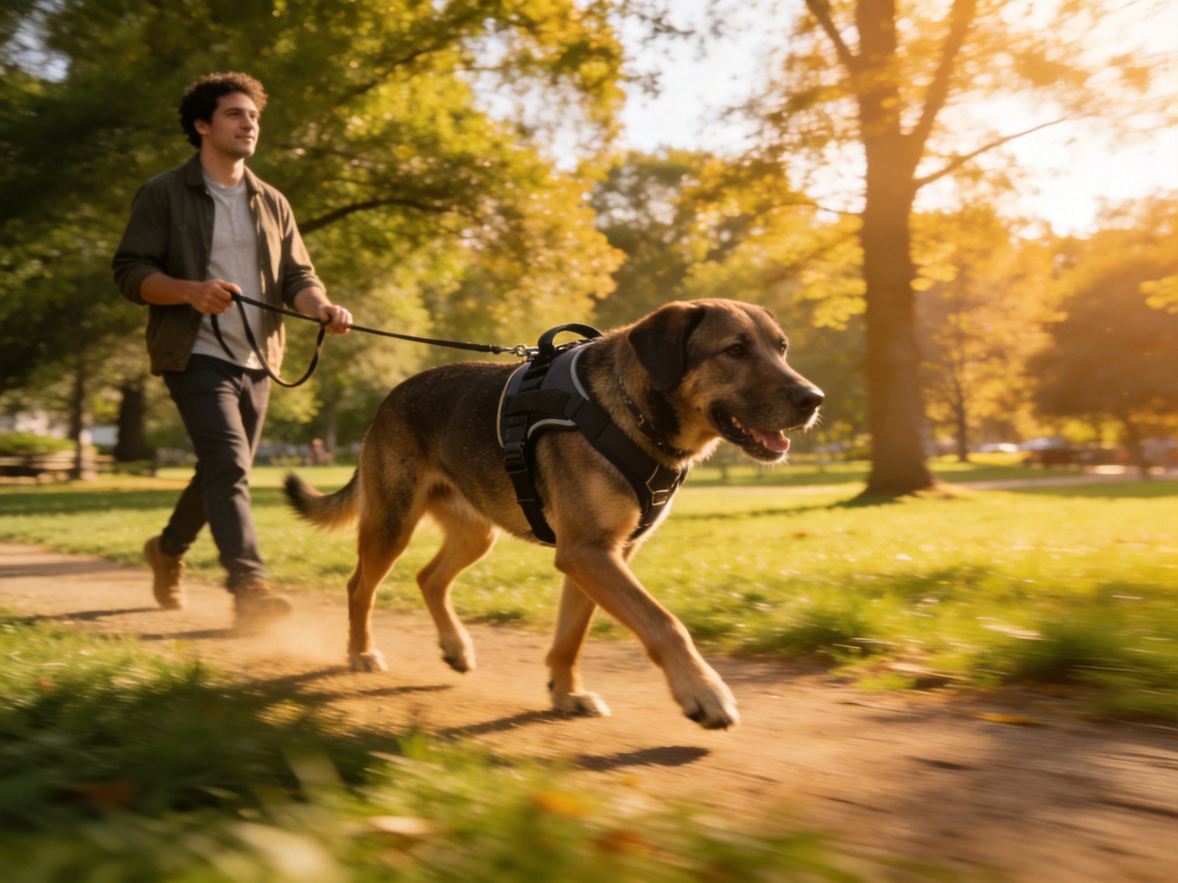 Dog wearing harness walking in park