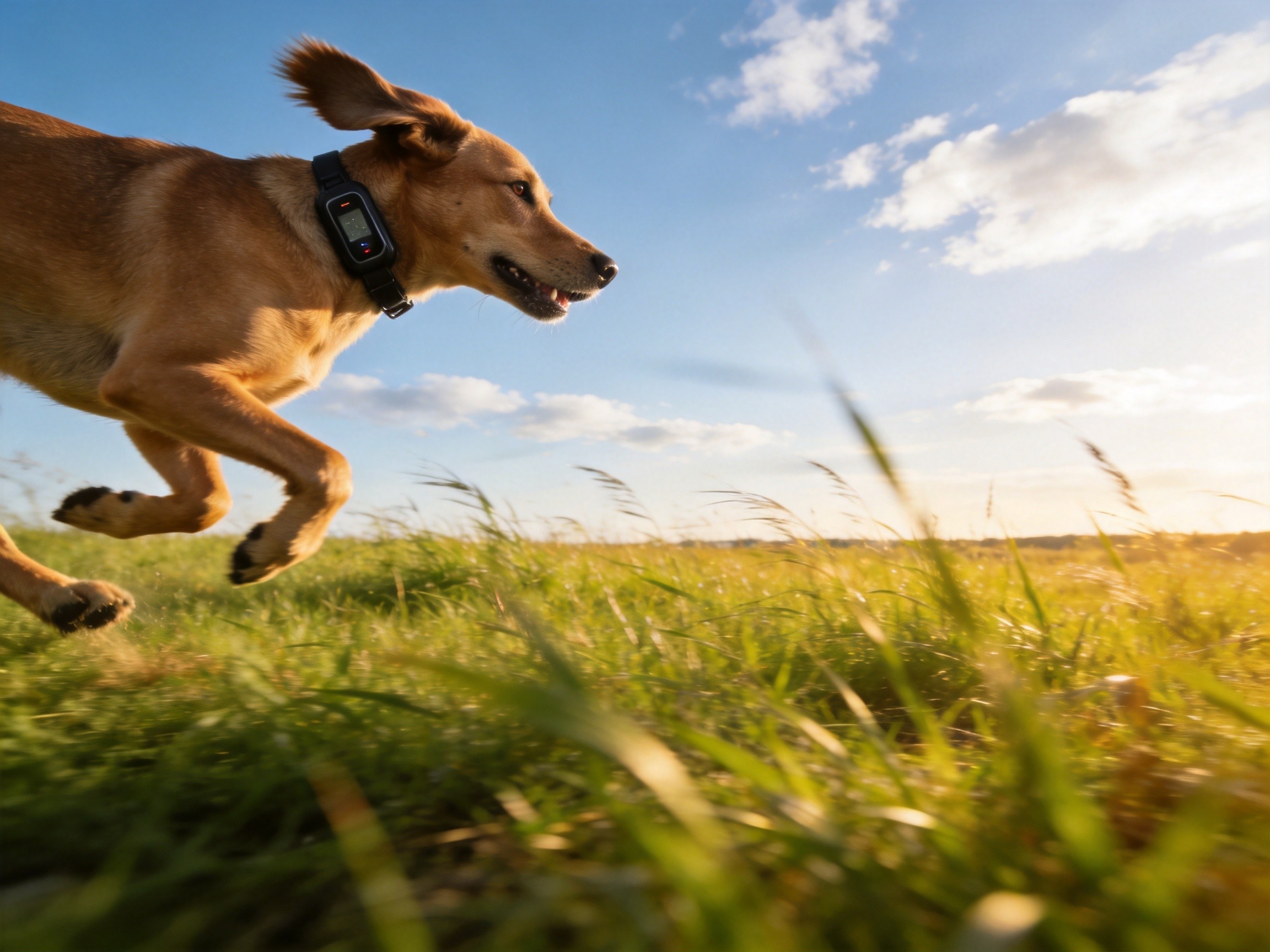 Dog with GPS collar running in field