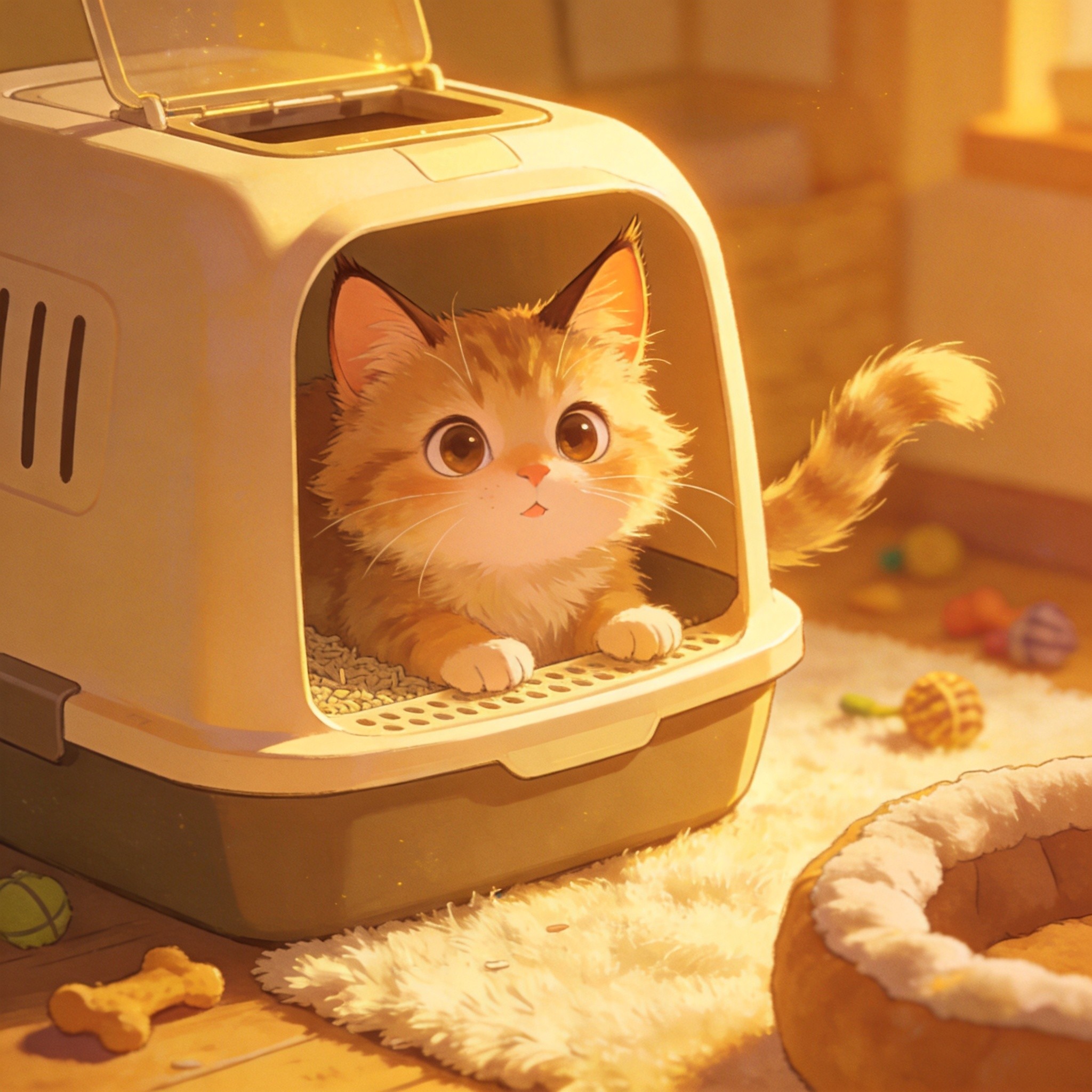 Cat peeking out of top-entry litter box