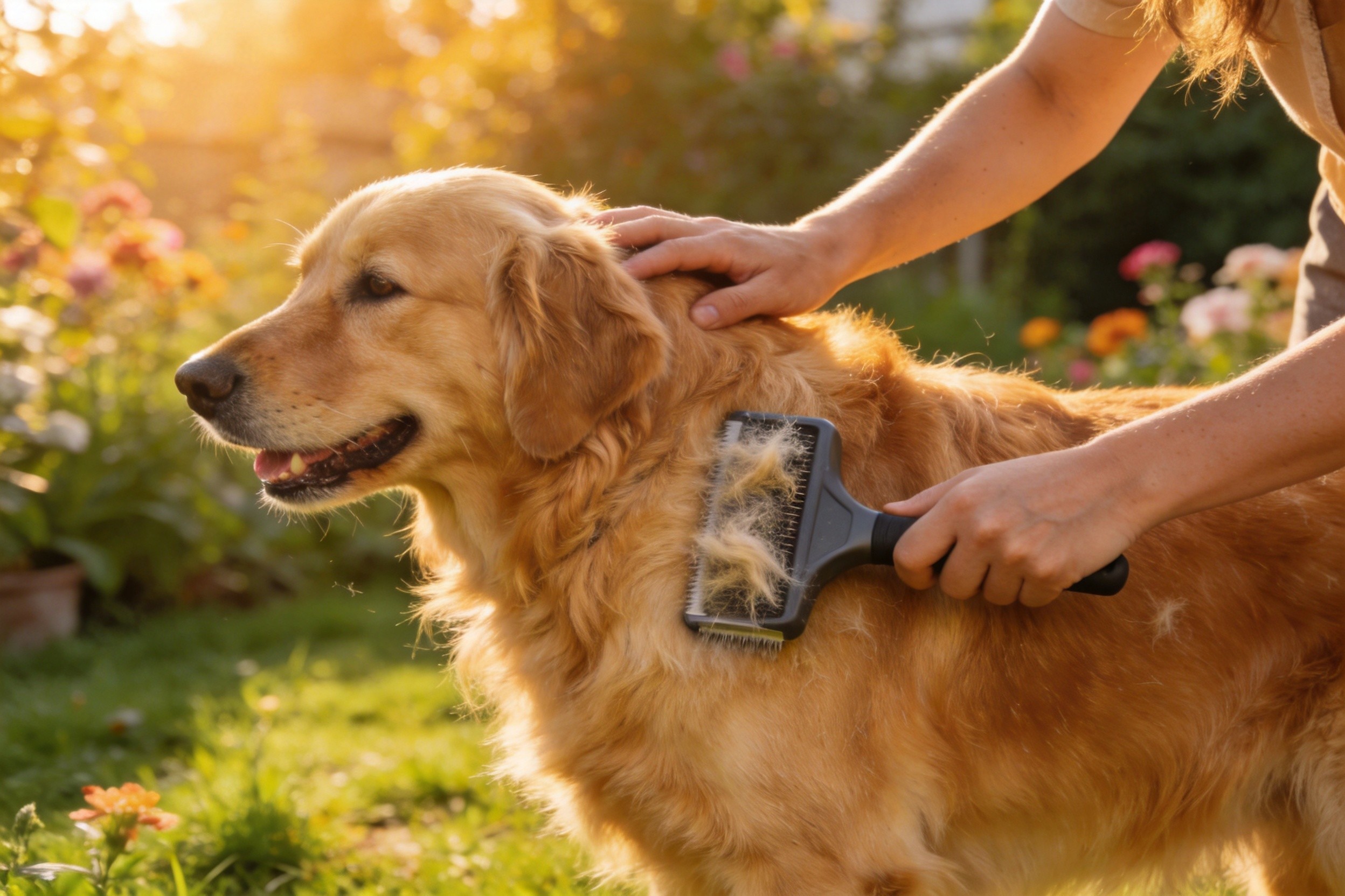 Person brushing golden retriever with deshedding tool